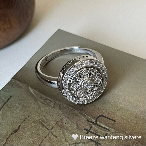 S925纯银旋转八宝罗盘可转动戒指新中式时尚精致轻奢高级感满钻