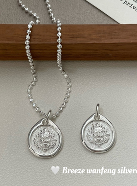 S925纯银黄财神捶打纹圆牌吊坠实心纯银复古国潮小众设计百搭高级