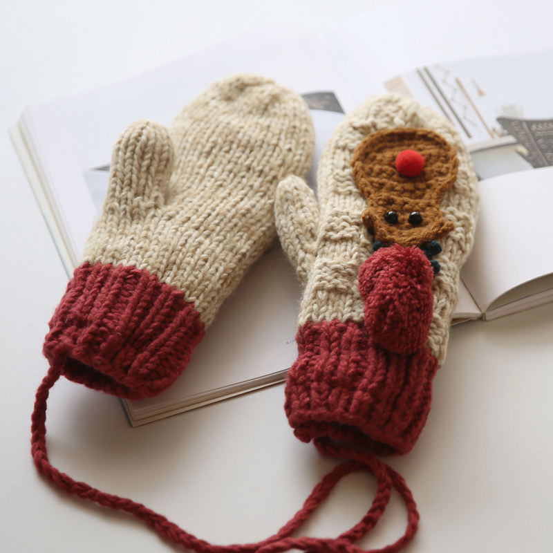 拼色可爱卡通挂脖骑车加绒针织手套冬天女 学生韩版保暖毛线手套