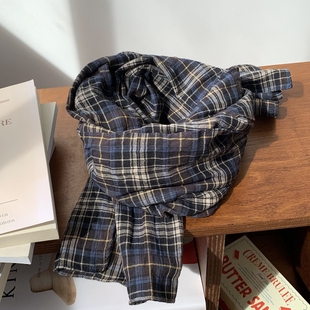 秋冬季2024年新款日系格子拼色薄款百搭学生长款女围巾