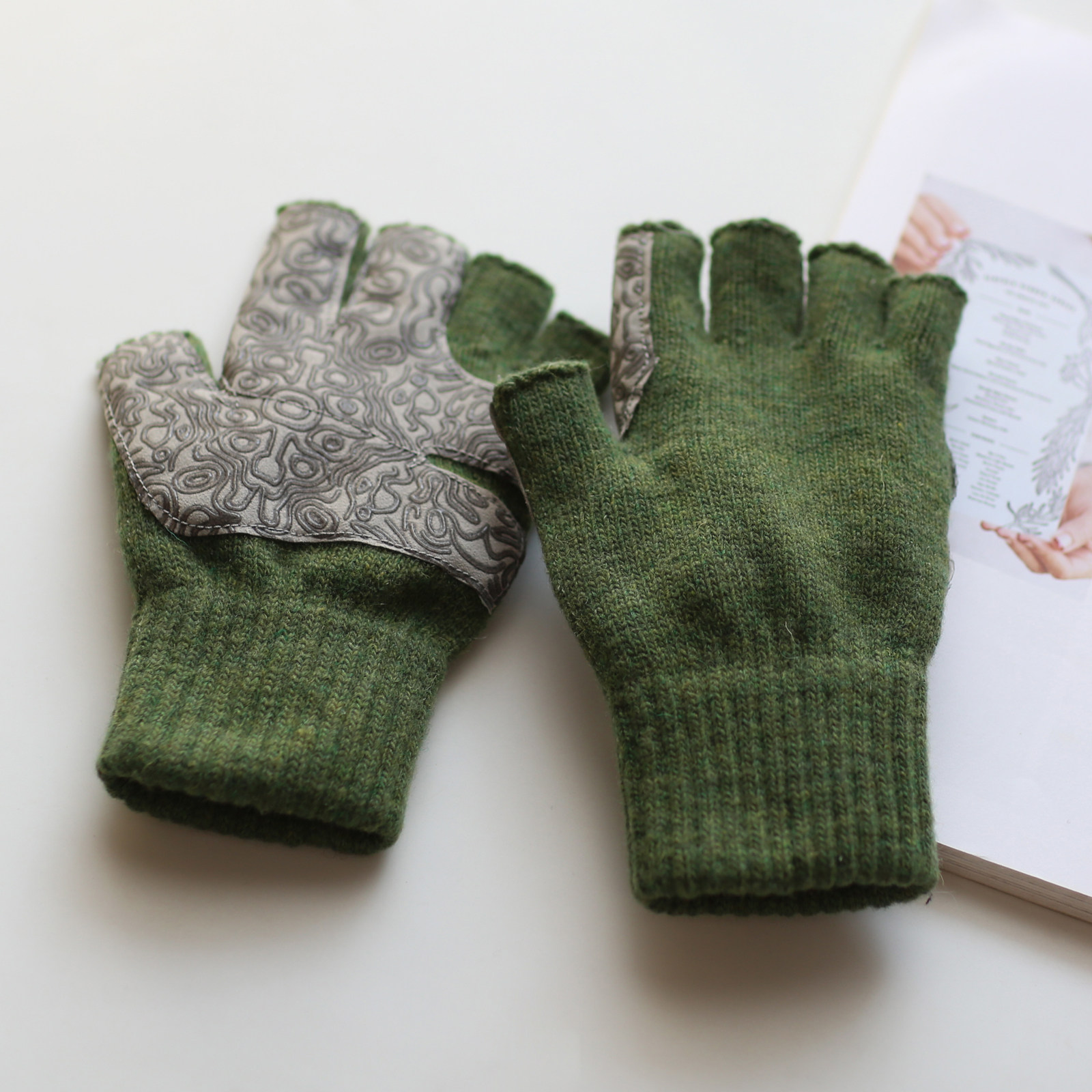 掌心防滑男羊毛混纺半指保暖手套