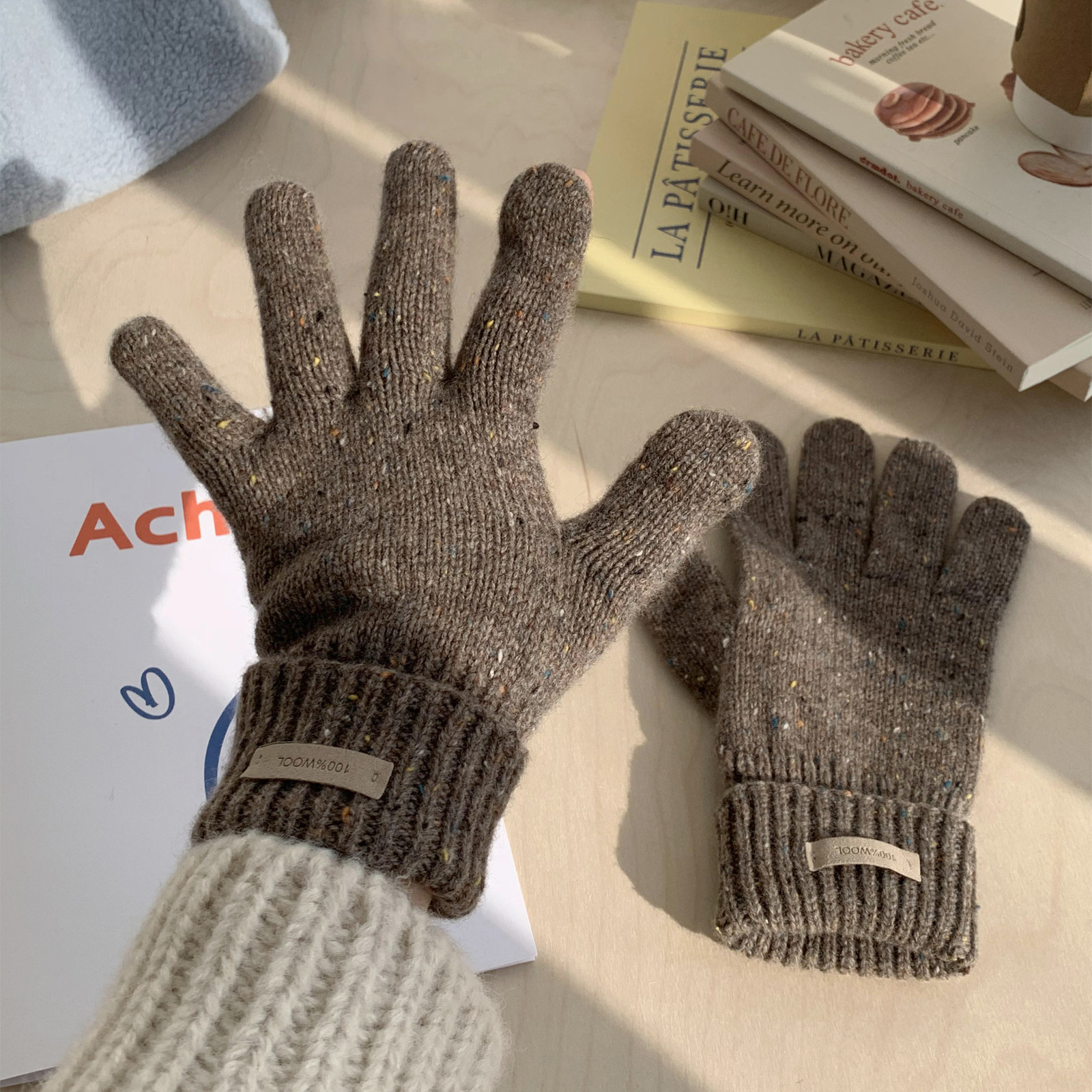 韩系杂花色澳洲进口羊毛针织毛线分指手套女冬季2023新款露指保暖