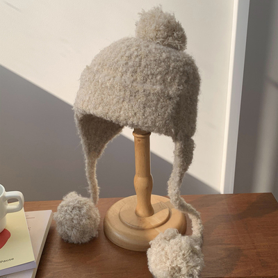 混杂色圈圈纱可爱显脸小球球护耳毛线帽子女秋冬季2024新款保暖