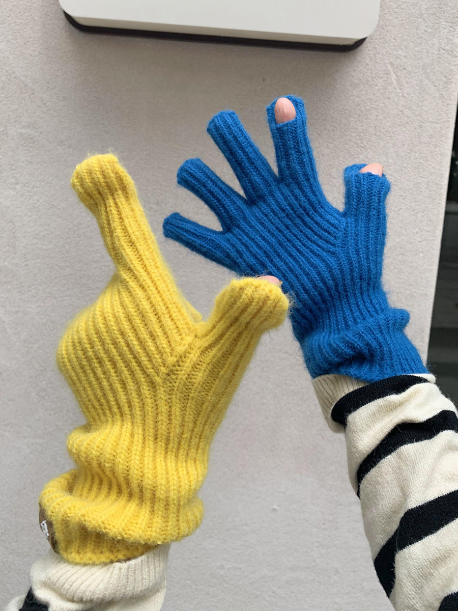 WINTER POINTS CUTE INS WOOL KNITTED GLOVES WINTER WOMENS CYCLING WARM EXPOSED TWO-FINGERED JAPANESE MENS AND WOMENS GLOVES