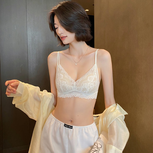 法式三角杯内衣女夏薄款小胸平胸无钢圈性感蕾丝细肩带美背文胸罩