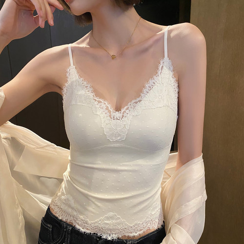 吊带背心女夏薄款带胸垫一体免穿文胸修身性感蕾丝美背内衣可外穿