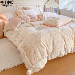 粉色少女心冬季牛奶绒四件套加厚保暖珊瑚绒双面兔毛绒床笠款床品