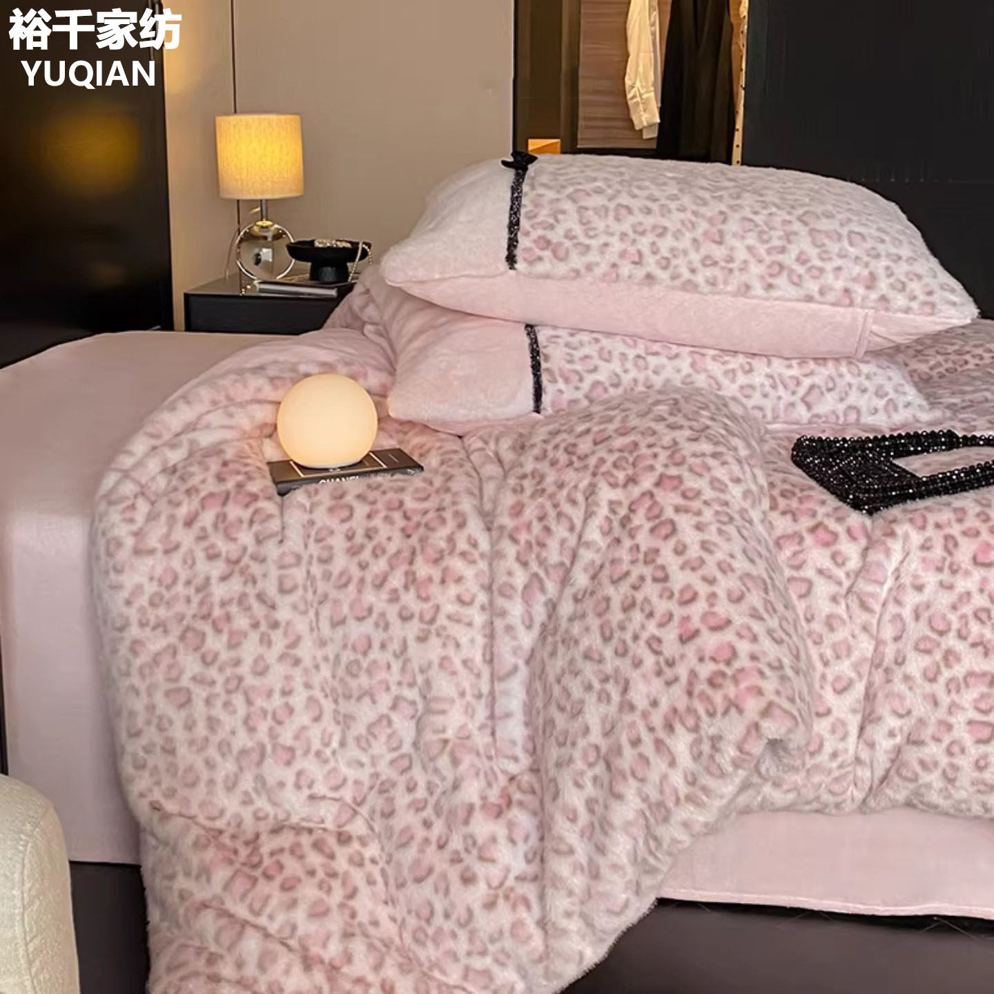 高级感豹纹牛奶绒四件套冬季加厚保暖珊瑚绒床品轻奢主卧室床笠款