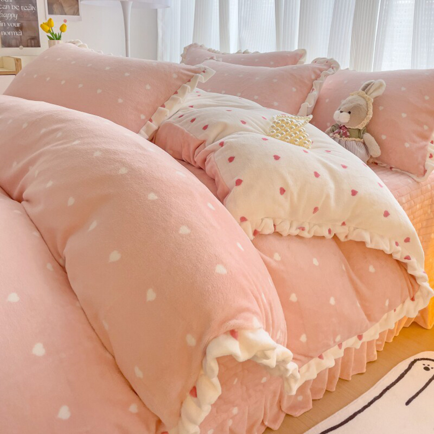 粉色少女心冬季牛奶绒四件套双面绒保暖珊瑚绒床品加厚公主风床单