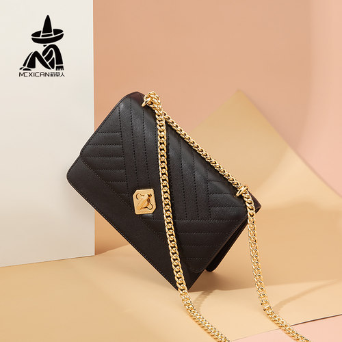 稻草人真皮单肩斜挎链条包