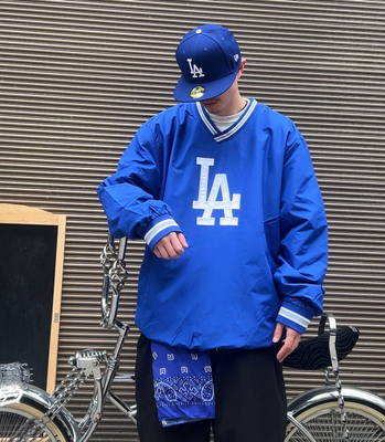 Dodgers美式ins复古LA道奇队v领运动logo刺绣舒适宽松经典棒球服
