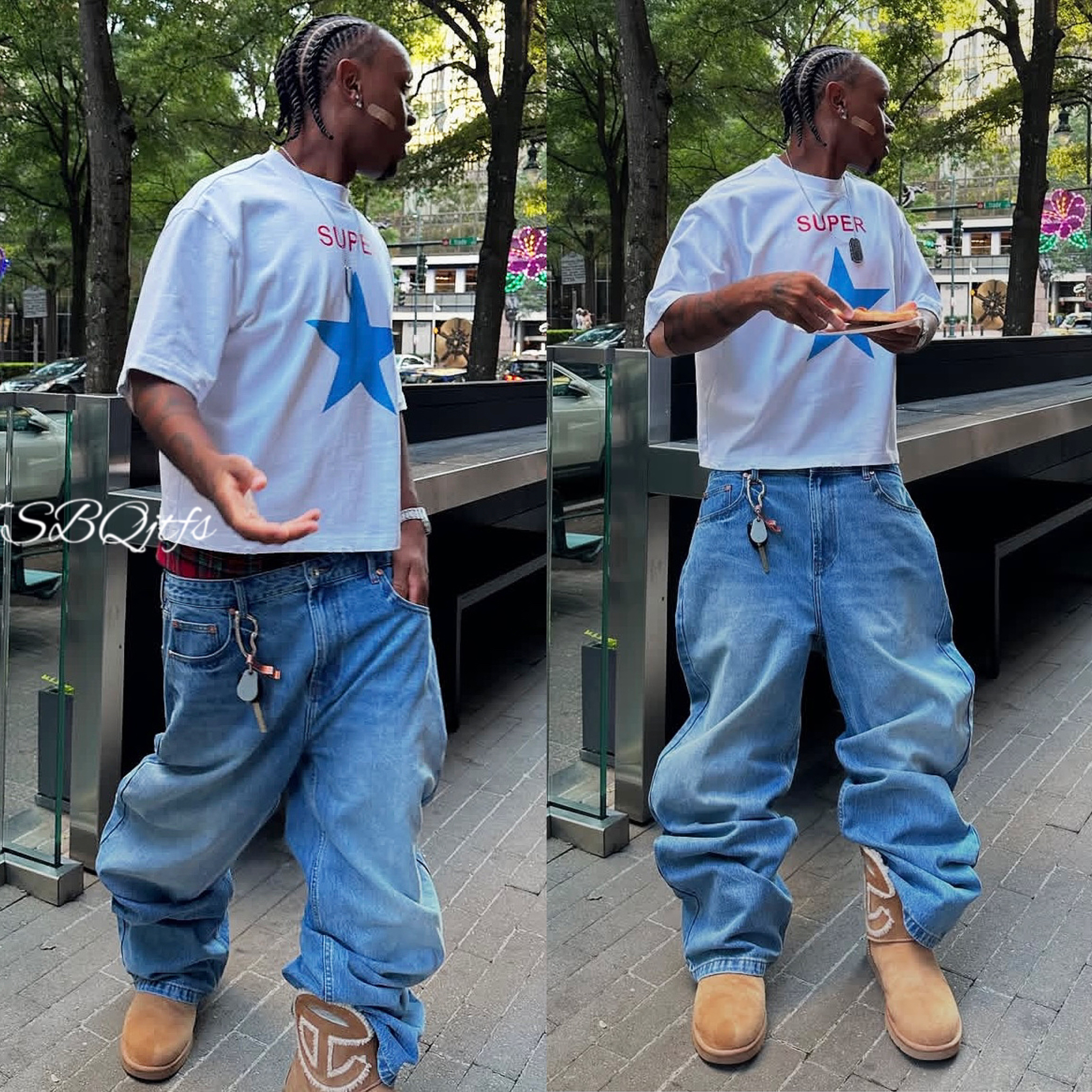 重磅经典oldschool嘻哈街舞oversize大码厚实 hiphop浅蓝色牛仔裤