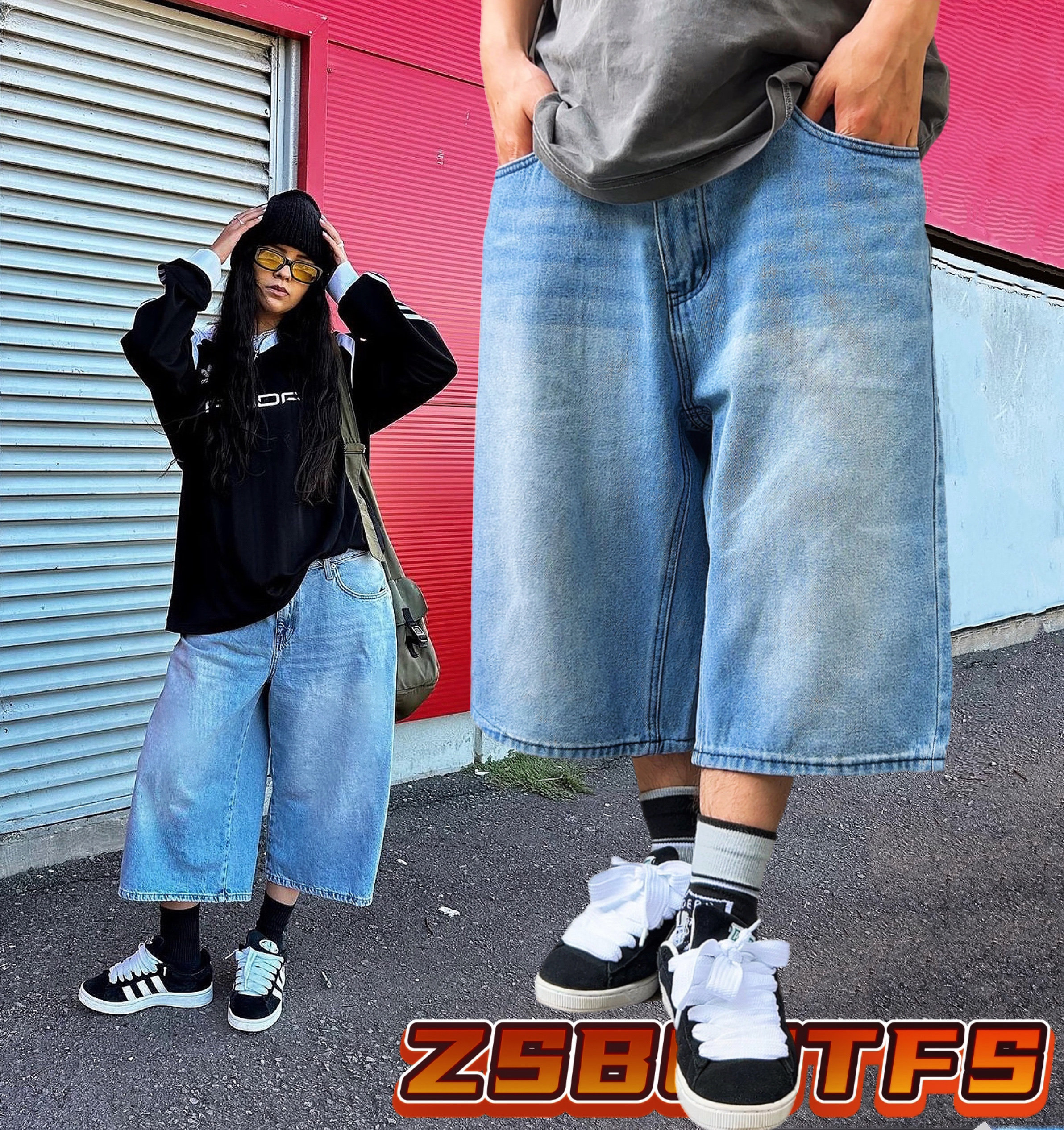 美式重磅宽松复古嘻哈街舞oversize街头厚实纯正hiphop阔腿短裤 - 实物图