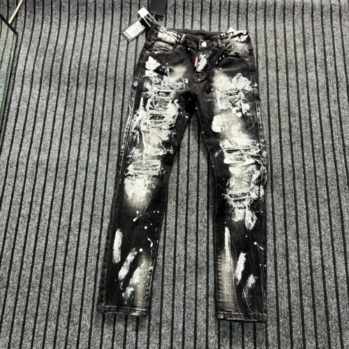 广州高版本刀锋D2泼墨牛仔裤男轻奢潮流破洞补丁修身d2小脚长裤子