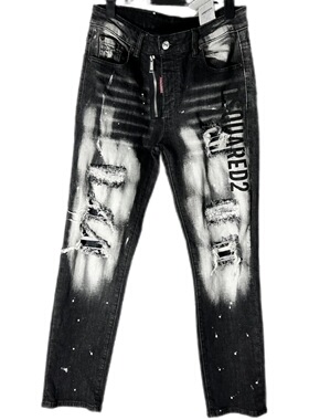 广州高版本D2拉链潮牌牛仔裤男磨破洞补丁油漆修身小脚黑色乞丐裤