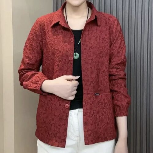 新款翻领提花开衫女中老年妈妈装时尚百搭洋气减龄薄款外套上衣