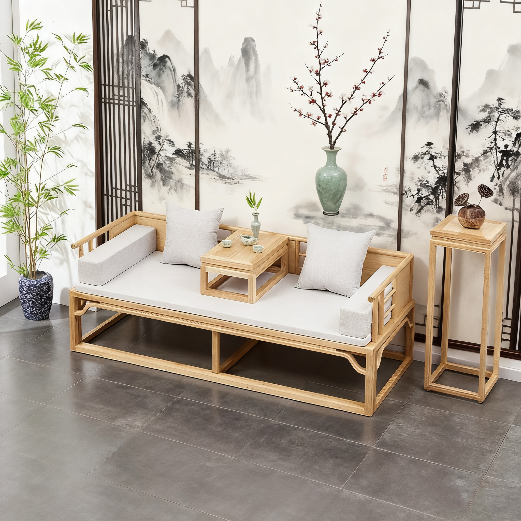 新中式推拉罗汉床白蜡木实木简约现代小户型家用沙发客厅书房沙发