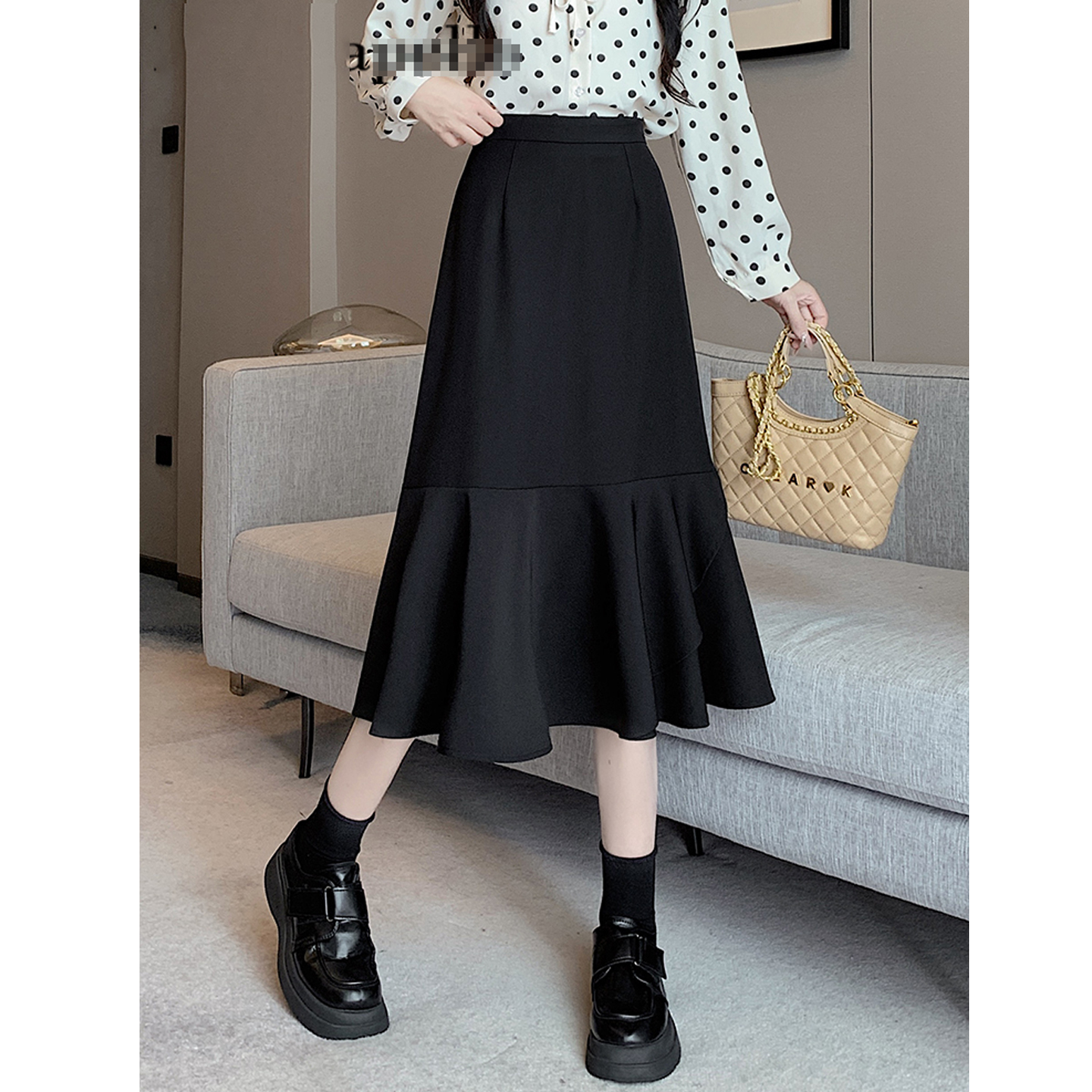 拉夏家 鱼尾裙女春秋季2025新款包臀裙中长款A字裙高腰半身裙半裙