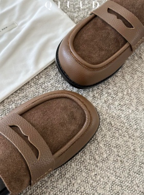 Q I U U小众设计感复古拼色乐福鞋女真皮百搭休闲一脚蹬平底单鞋