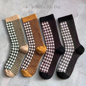 MARCA韩国东大门秋冬新款 针织拼色格子加厚女士中筒袜子ins风潮