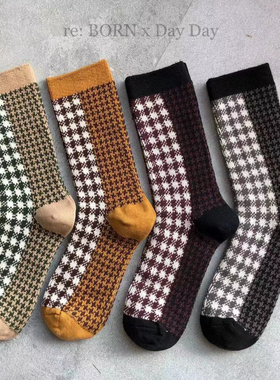 MARCA韩国东大门秋冬新款针织拼色格子加厚女士中筒袜子ins风潮