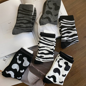 韩国进口斑马纹简约复古女生袜子纯棉中筒袜ins风潮常规四季 女袜