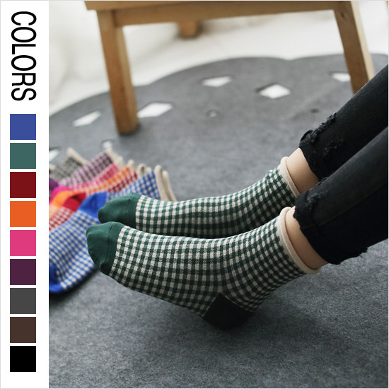 纯棉格子中筒韩国进口森系袜子