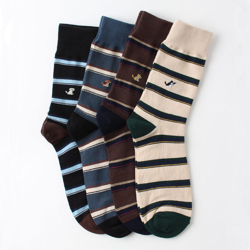 男袜韩国进口男士纯棉条纹小狗袜子中筒棉袜拼色日韩学院风舒适