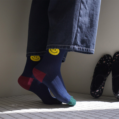 ggorangnae女纯棉植绒笑脸中腰袜