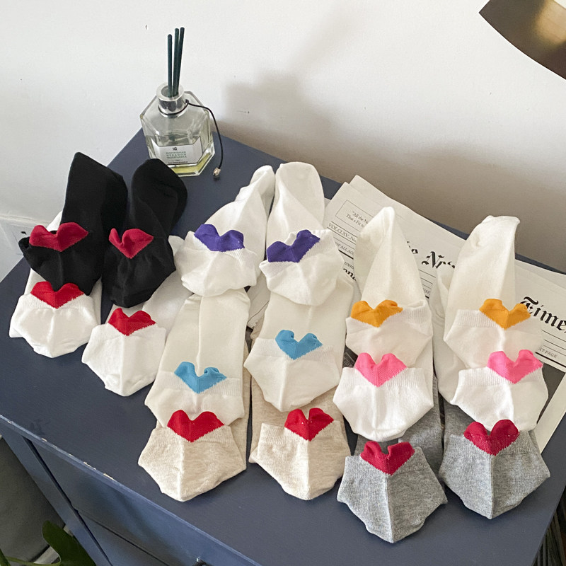 泫雅风后跟立体爱心纯棉女生袜子四季短腰糖果色甜美女袜纯色运动