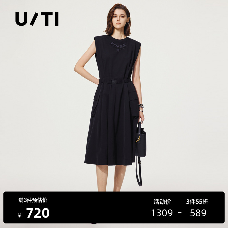 U/TI工装感无袖连衣裙女 设计感垫肩背心裙A字裙尤缇2025夏季新款