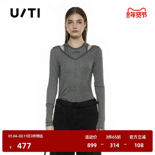 U/TI假两件条纹衫T恤女 简约通勤莱赛尔休闲上衣尤缇2025秋季新款