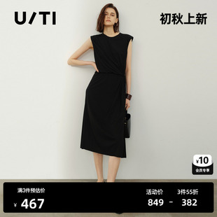 U/TI黑色高腰无袖连衣裙女圆领休闲松紧A字中裙 尤缇2026夏季新款