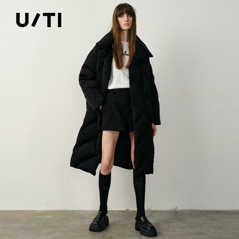U/TI新中式提花长款90白鸭绒羽绒服女装保暖外套尤缇2025冬季新款