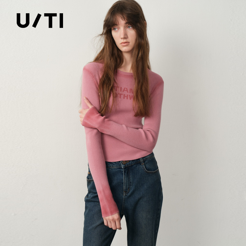 U/TI晕染渐变羊毛针织衫女修身短款显瘦毛衫上衣尤缇2025冬季新款