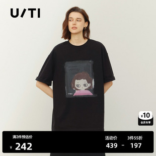 U/TI 黑色100%棉小女孩印花短袖T恤女装落肩宽松尤缇2026夏季新款