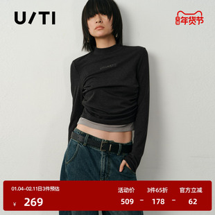 U/TI美式拼接捏褶短款T恤女装 酷感修身休闲上衣尤缇2025冬季新款