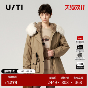 TI卡其色绗棉羊毛领派克服女装 新款 收腰工装 冬季 风外套尤缇时尚