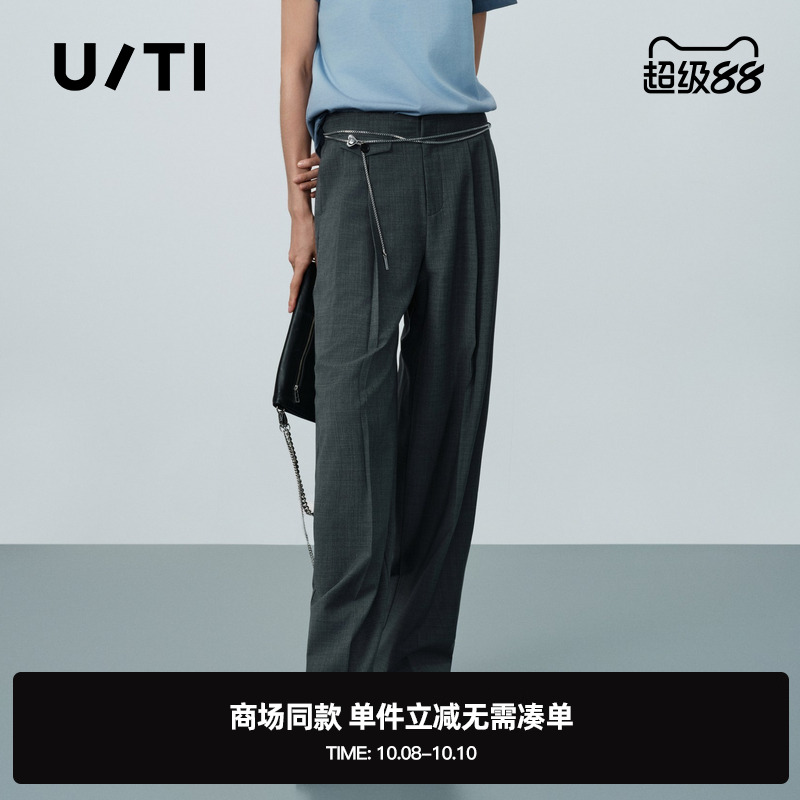 专柜新款U/TI尤缇2025夏季深灰色休闲裤通勤简约绵羊毛西装裤女装