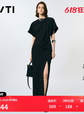 U/TI黑色开衩棉感连衣裙女 设计感褶皱T恤裙长裙尤缇2025春季新款