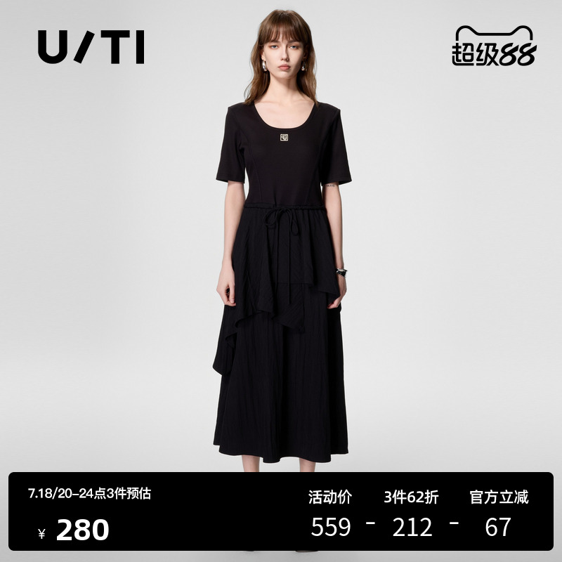 U/TI黑色大U领显瘦藏肉连衣裙女 百搭气质休闲裙尤缇时尚夏季新款