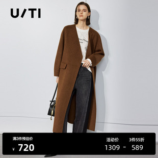 新款 冬季 TI深驼色绵羊毛双面呢大衣女百搭垂感静奢外套尤缇时尚