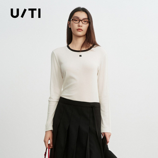 专柜新款U/TI尤缇2026春 莱赛尔圆领套头T恤撞色拼接修身打底衣女