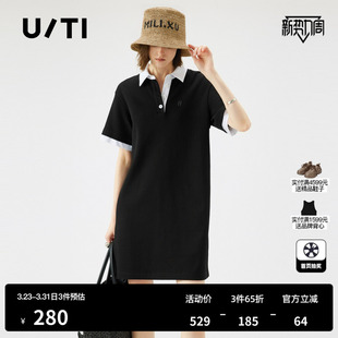 新款 TI撞色Polo领连衣裙女百搭简约通勤棉质直筒裙尤缇2025夏季