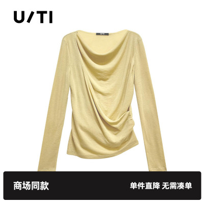 专柜新款U/TI尤缇2025春季土黄色休闲T恤 百搭绵羊毛褶皱长袖女装