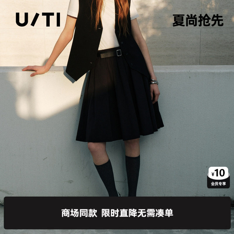 专柜新款U/TI尤缇2025秋季黑色高腰棉质百褶裙 简约中长A字裙女装
