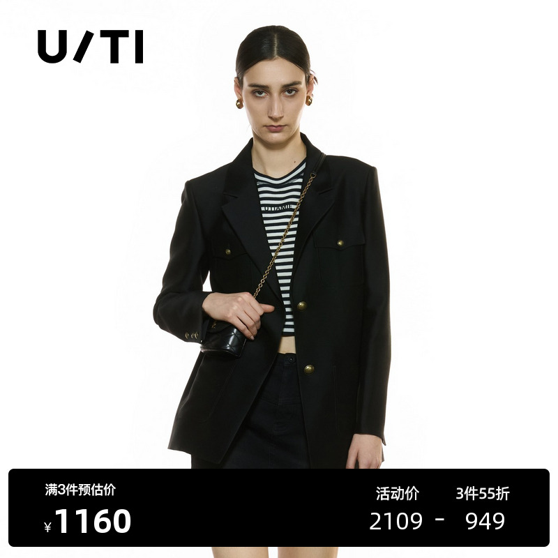 U/T复古正肩绵羊毛西装外套女 简约通勤休闲上衣尤缇2025秋季新款