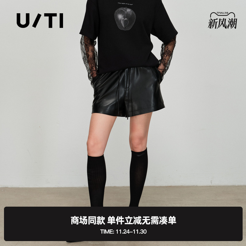 专柜新款U/TI尤缇2025春季黑色休闲裤百搭简约潮酷松紧腰皮短裤女