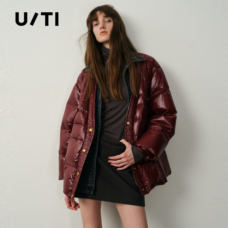 U/TI亮面轻量牛仔拼接羽绒服女装设计感保暖外套尤缇2025冬季新款