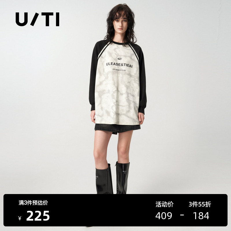 U/TI印染插肩袖长袖T恤连衣裙女装 简约百搭休闲尤缇时尚春季新款